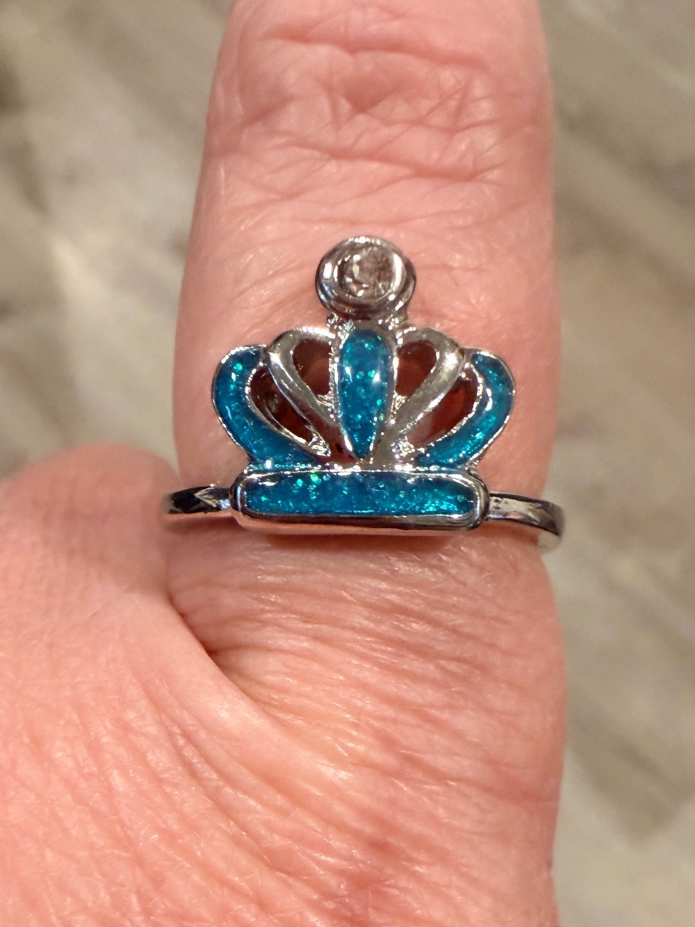 Silver Crown Ring with Teal Blue Enamel accent size 9